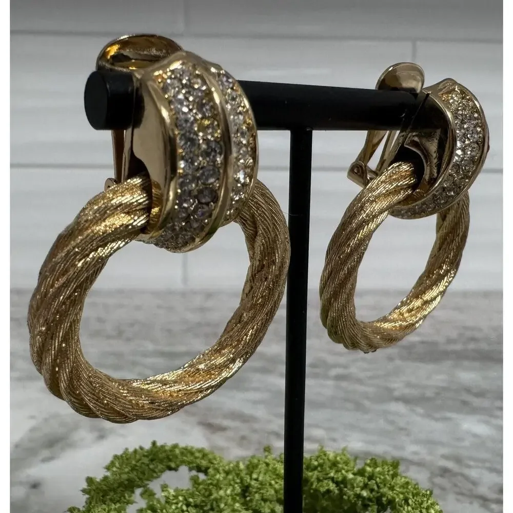 Vintage Auth Christian Dior Chunky Gold Tone Rhinestone Door knocker Earrings